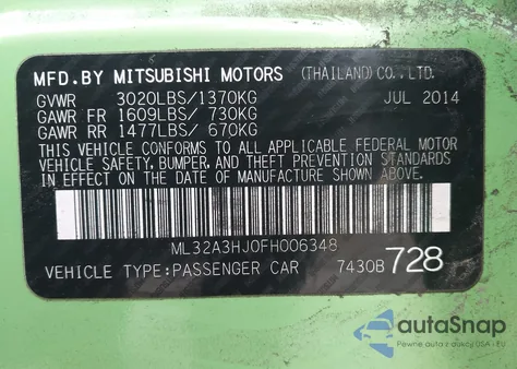 2015 Mitsubishi Mirage De/Rf z USA, uszkodzony, nr VIN ML32A3HJ0FH006348